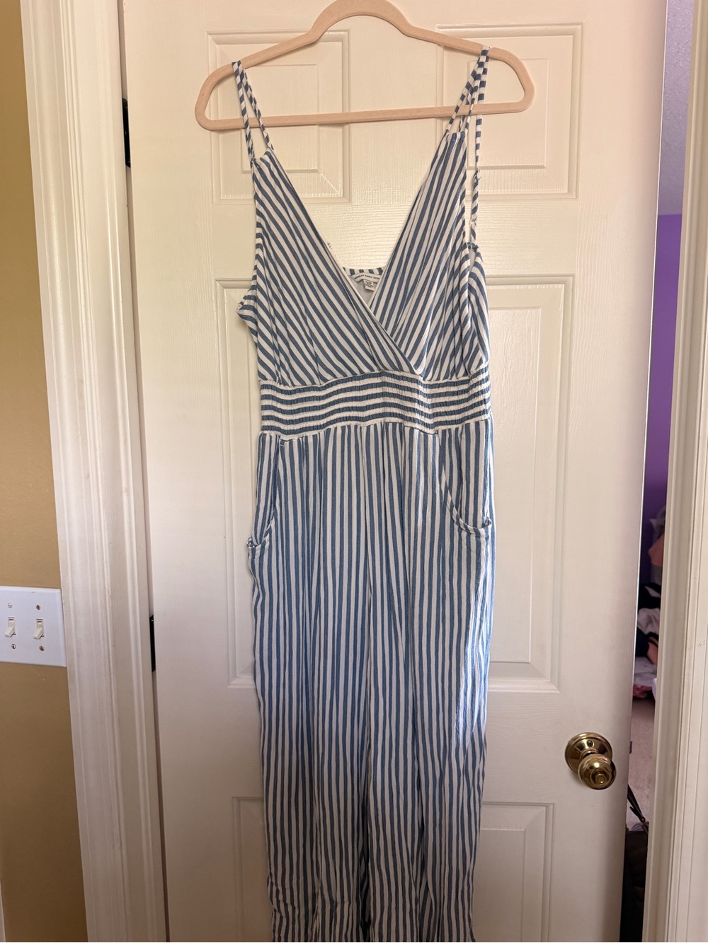 American Eagle Outfitters Blue and White Striped Sleeveless Jumpsuit